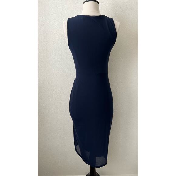 T Tahari Bellini Dress Navy Blue Micro Mesh Side Knot Sleeveless Bodycon - Picture 3 of 8